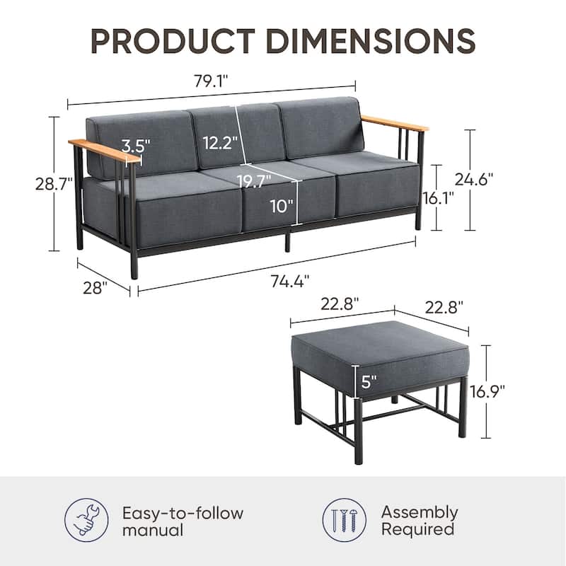 Puffin 3-Seat Outdoor Sofa with White Metal Frame and 10-Inch Thick Dark Gray Cushions and ottomans