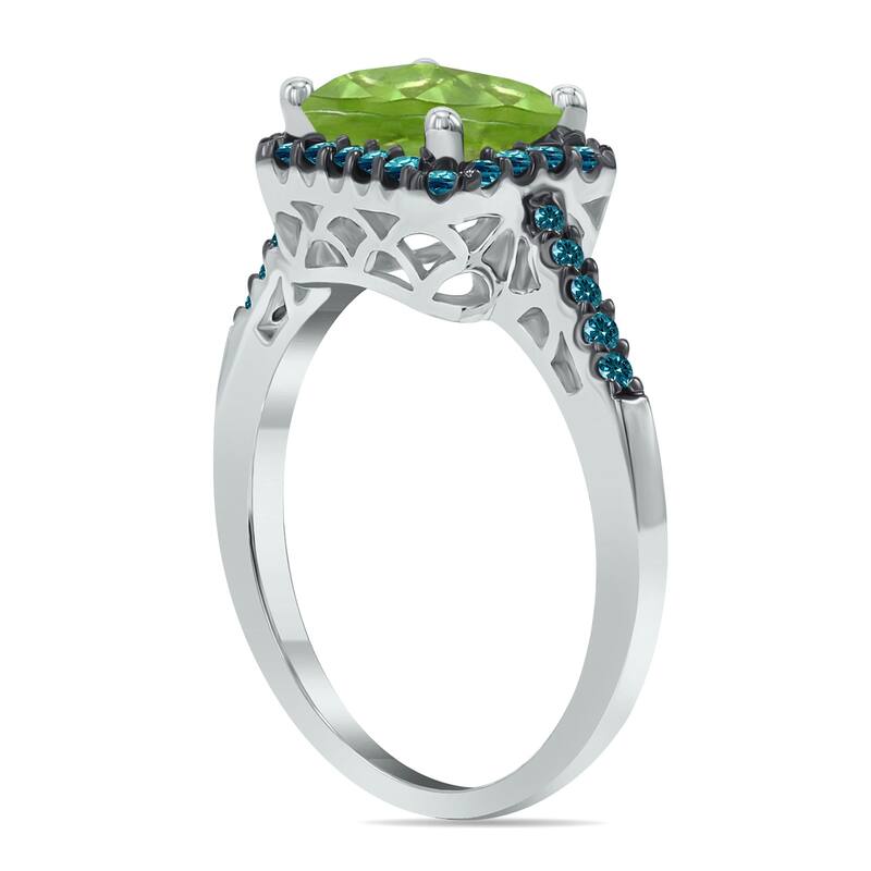 Marquee Jewels 2 1/2 Carat Emerald Cut Peridot and 1/3 CTW Blue Diamond Ring in 10K White Gold