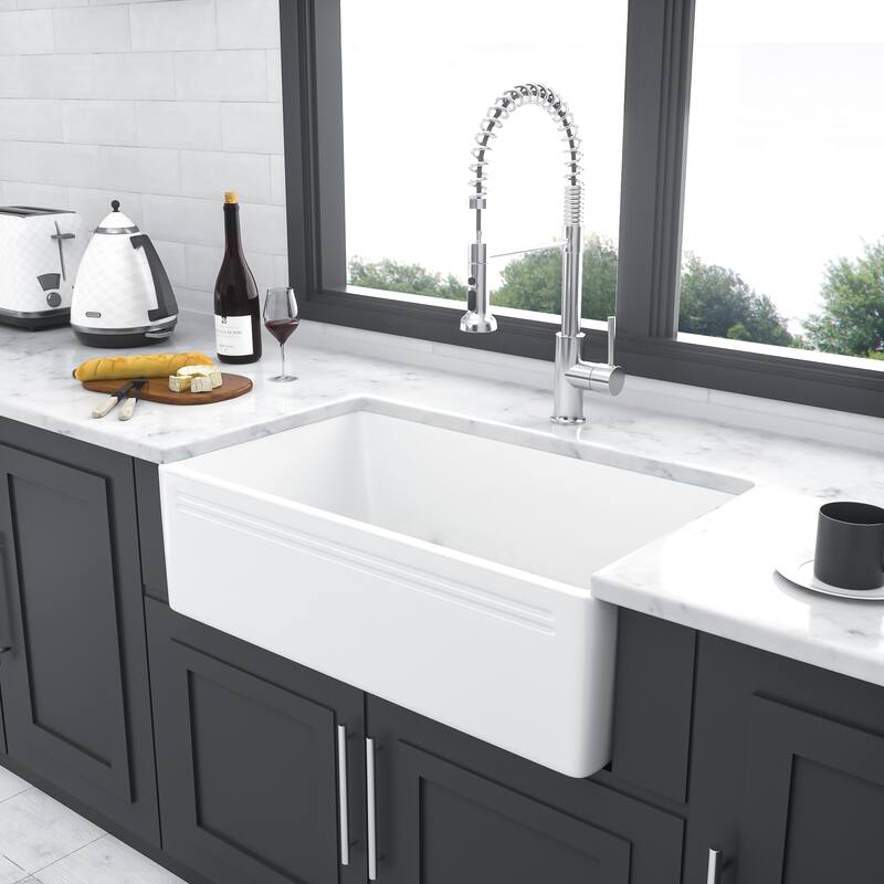 Farmhouse Kitchen Sink Apron-front Ceramic Reversible Single Bowl - White