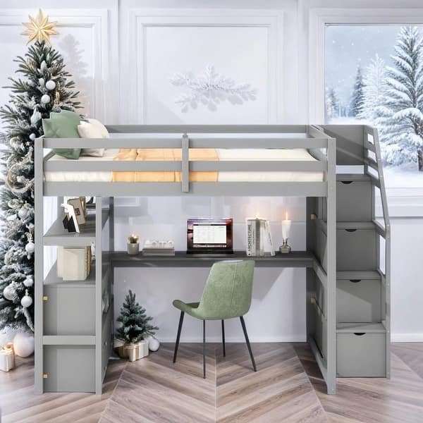 slide 2 of 36, Multifunctionl Design Twin Size Loft Bed with Desk and Shelves, Two Built-in Drawers, Storage Staircase, Maximized Space, Gray Grey