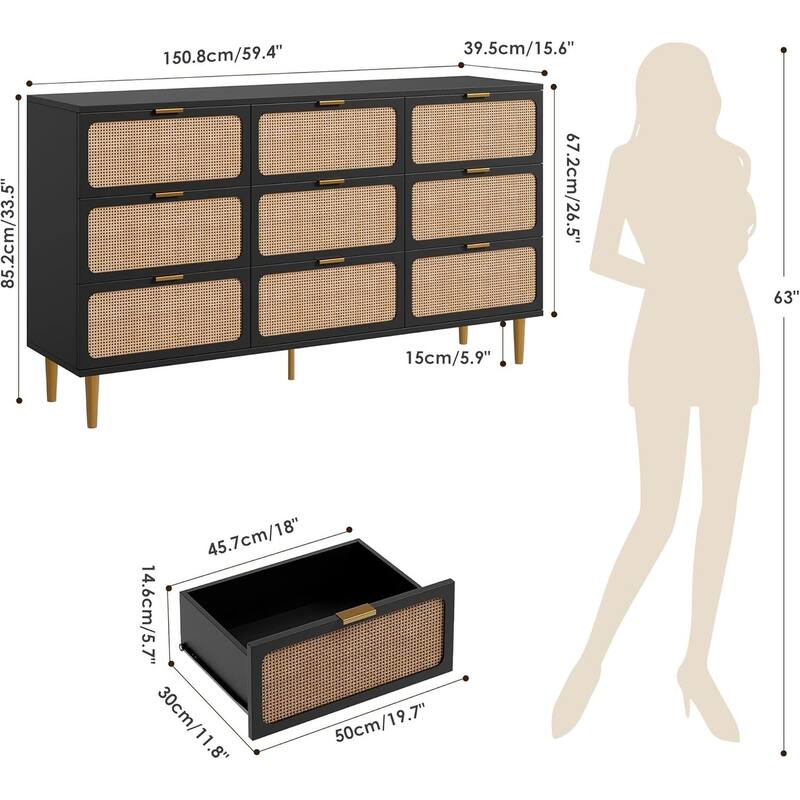 Rattan 9 Drawer Dressers TV Stand for Bedroom Living Room