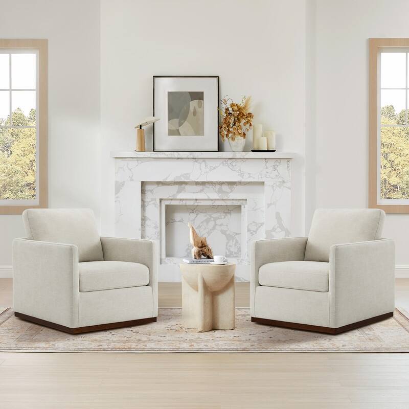 Spruce & Spring Modern Swivel Accent Chair with Wooden Base - Set of 2 - White-Fabric