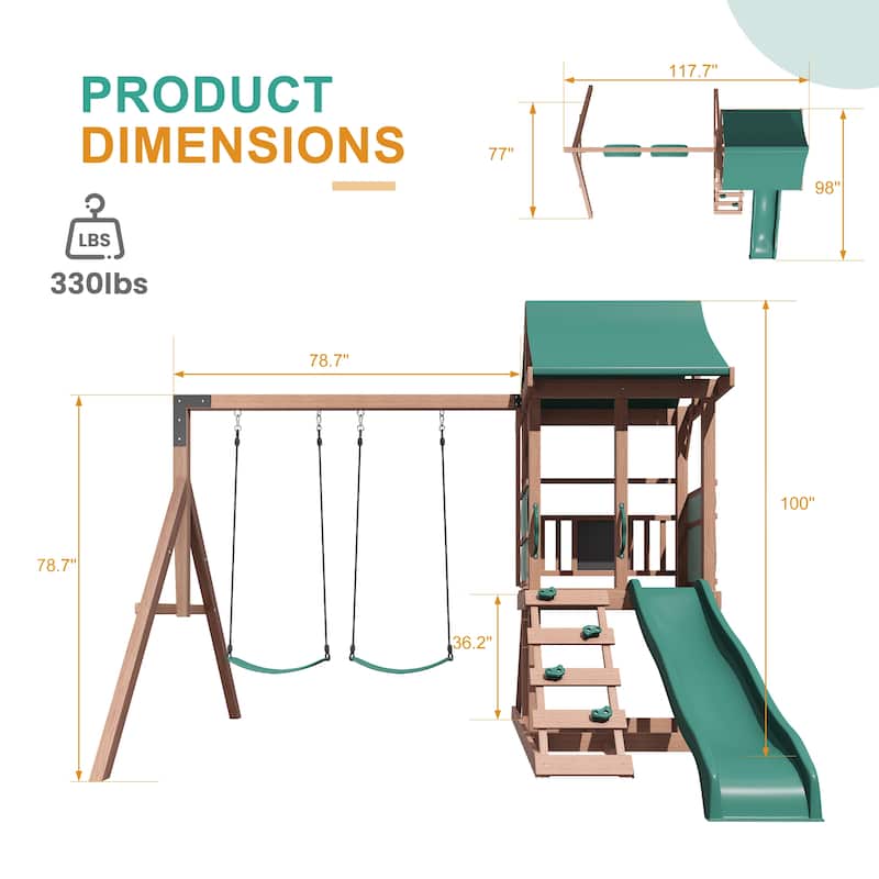 EROMMY 4-in-1 Wooden Swing Set – Backyard Playset w/ Slide, Climbing Wall, 2 Swings & Blackboard | Safe Outdoor Fun for Kids