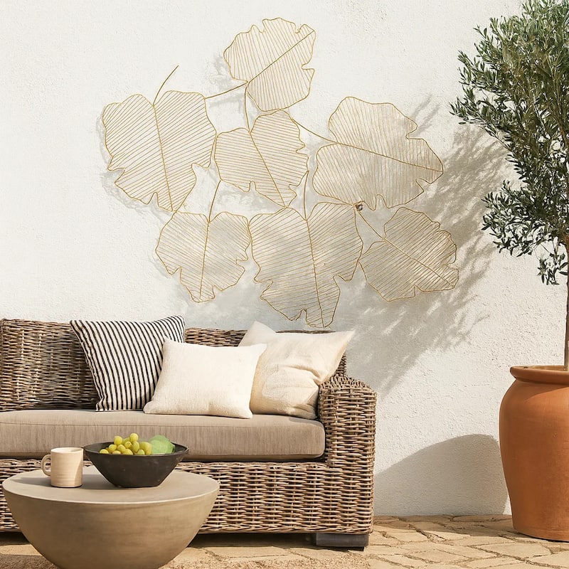 49 Inch Decorative Wall Art, Attached Leaves Design, Iron, White and Gold