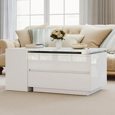 Moasis Modern Glossy LED Coffee Table with Drawers and Storage Shelves