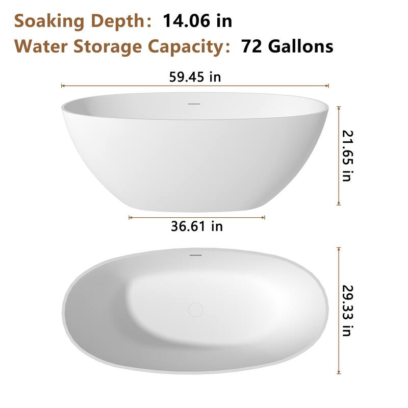 CASAINC Soaking Bathtub Solid Surface Stone Bathtub with Center Drain in Matte White