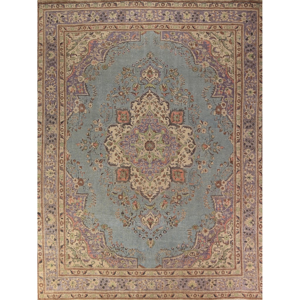 Light Blue Medallion Tabriz Persian Rug Floral Handmade Wool Carpet - 9'10"x 12'4"