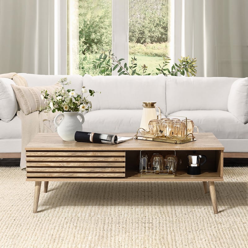 Mid-Century Modern Rectangular Coffee Table with Storage and Solid Wood Legs - 16.3" H x 46.9" W x 23.2" D