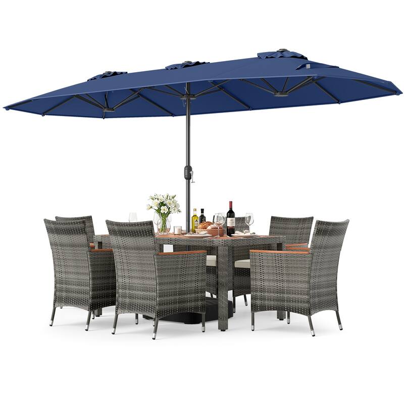 Gymax 8-Piece Patio Dining Set w/ Double-Sided Market Umbrella Acacia
