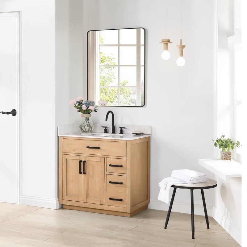 Altair Gavino Bath Vanity with Grain White Composite Stone Top and Mirror - 36 inch - Light Brown+Matte Black