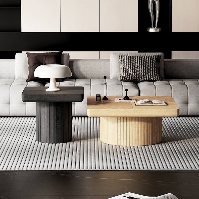 Modern Wood Coffee Table with Cylindrical & Fluted Pedestal