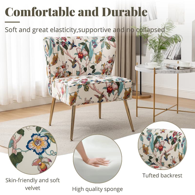 Velvet Floral Accent Chair (Set of 2) with Gold Legs, Modern Comfy Tufted Side Chair for Living Room/Bedroom
