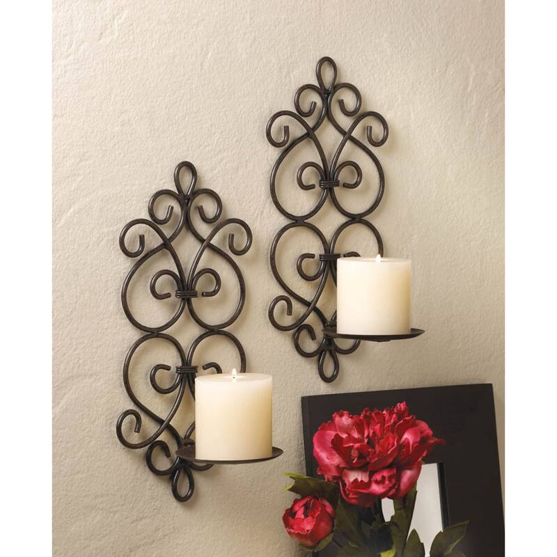 Scrollwork Candle Wall Sconces - 13" - Black - Set of 2