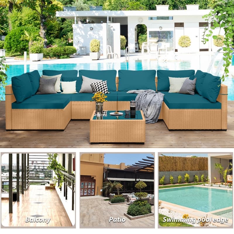 Patio Watcher 7-Piece Patio Yellow Wicker Sectional Seating Group with Cusions and Side Table