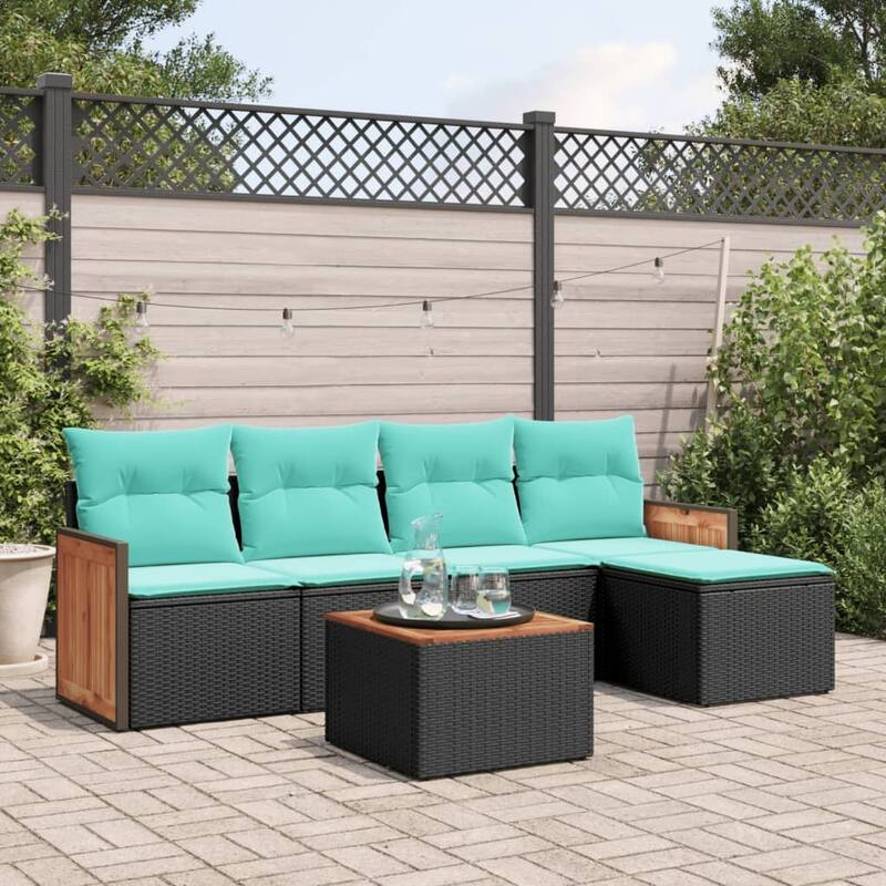 vidaXL 5/6 Piece Patio Sofa Set with Cushions Black/Gray Poly Rattan - 21.7 x 24.4 x 27.2 - Black With table