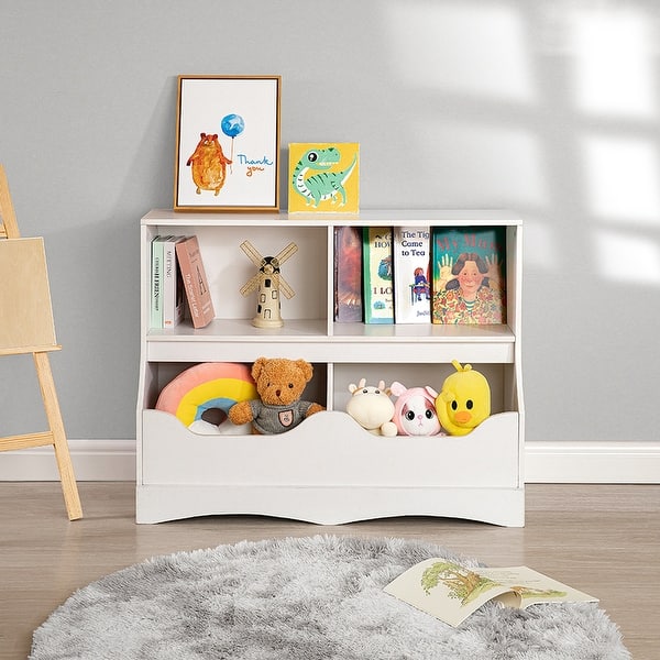 slide 2 of 28, Stylish Kid's Toy Storage Organizer with Bookcase, Multi-Functional Nursery Storage Cubby Cabinet for Playroom and Bedroom