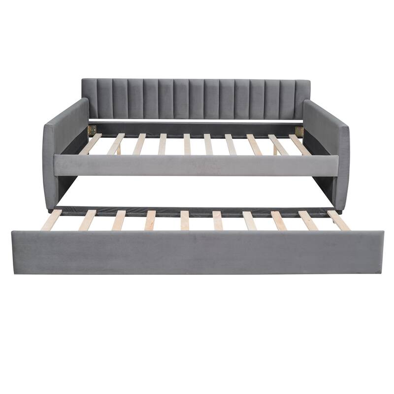 Elegant Velvet Upholstered Daybed, Full Size with Trundle, Sturdy Wood Slat Frame, Easy Assembly