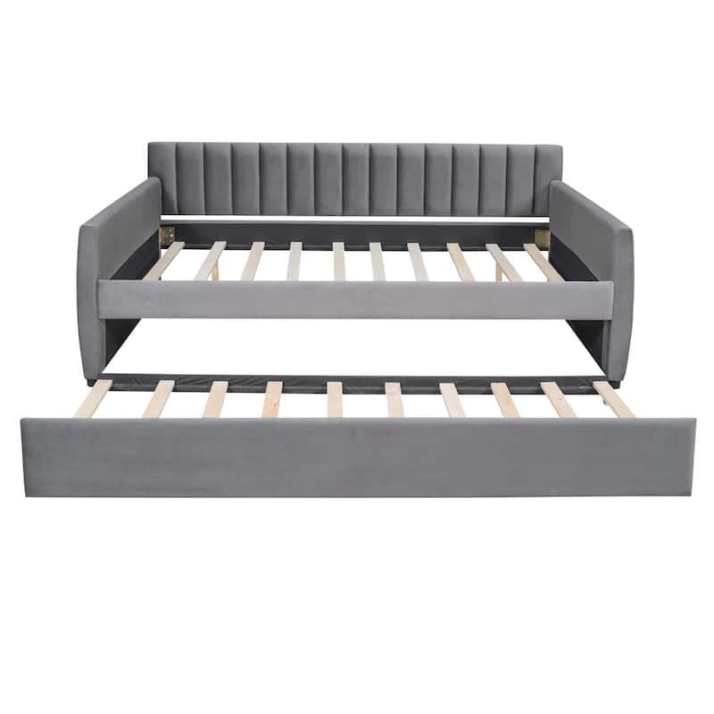 Full Velvet Daybed with Trundle & Wood Slats