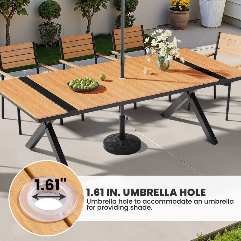 11-Piece Set Outdoor Aluminum Rectangular Dining Table with Umbrella Hole and Stackable Chairs