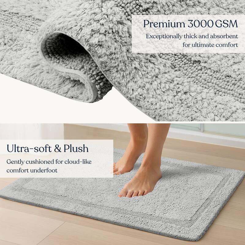 Delara Organic Cotton Reversible Bath Mat, 3000 GSM, GOTS Certified, Ultra-Thick & Super Absorbent, Quick-Drying Bathroom Rug