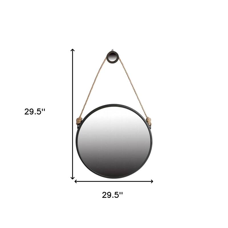 HomeRoots 30" Black Fame Round Wall Hanging Accent Mirror with Rope - 29.5
