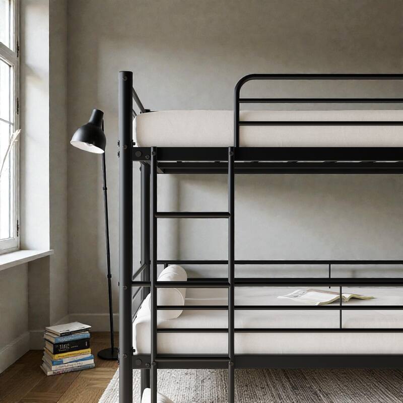 Twin Over Twin Over Twin Metal Triple Bunk Bed with Guardrails and Dual Ladders, Space Saving Frame, No Box Spring Needed