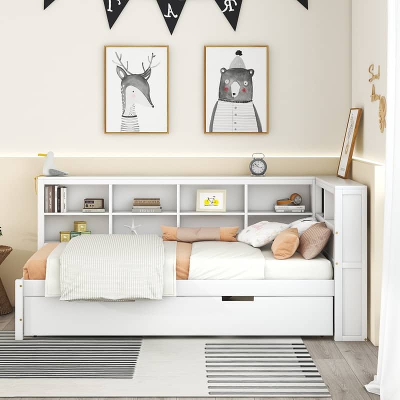 Wooden Twin Size DayBed with Twin Size Trundle, DayBed with Storage Shelf and USB Charging Ports