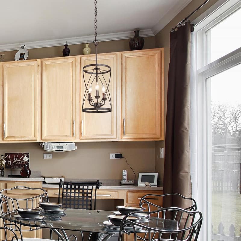 Farmhouse Rustic 1-Light Cage Cylinder Pendant Light for Kitchen Island - W 9.1"x H 24.4"