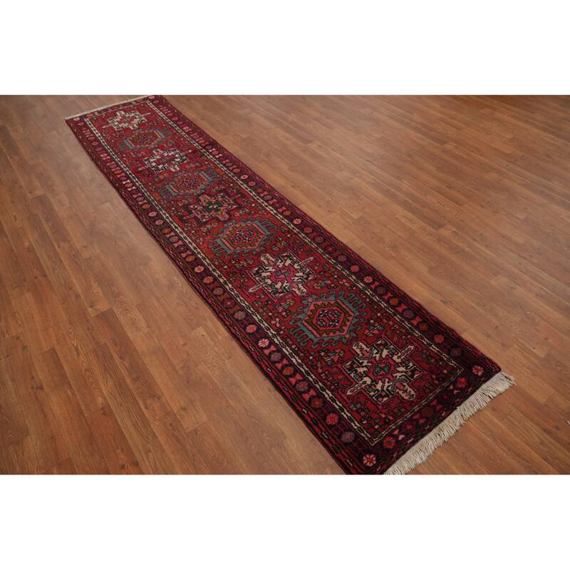 Hand Knotted Oriental 100% Wool Carpet Traditional Tribal Red Gharajeh Runner Rug - 9' 7'' X 2' 3''