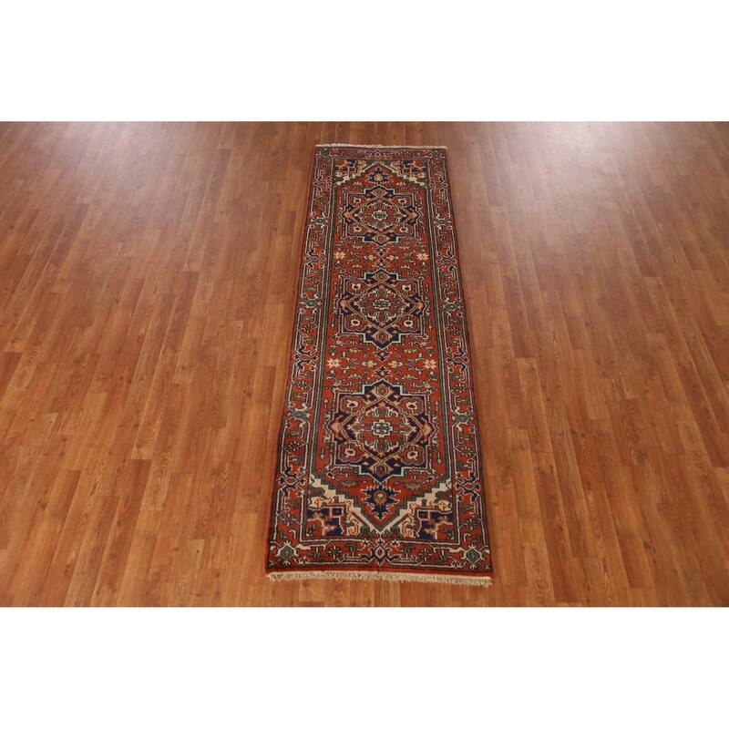 Geometric Heriz Serapi Runner Rug Hand-Knotted Traditional Wool Carpet - 2'6" x 7'10"