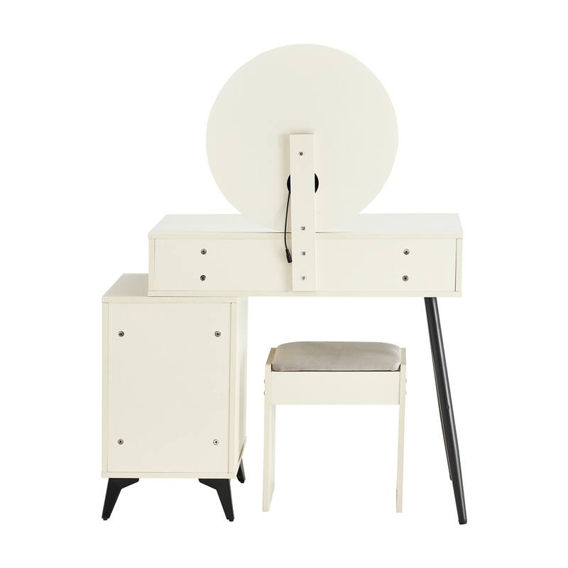 Fluted Makeup Vanity Desk with Round LED Mirror,4 Drawers - Milk White
