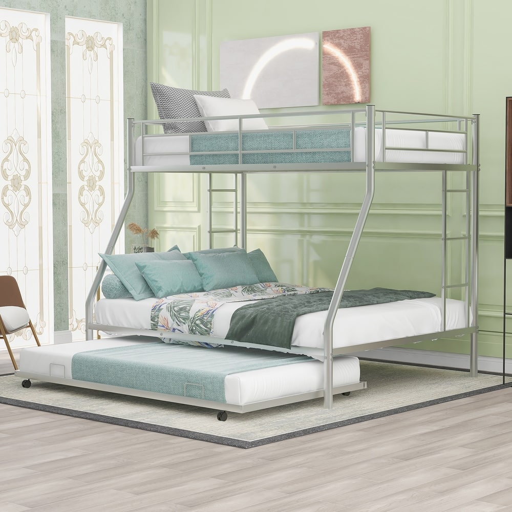 Bed with Sturdy Steel Frame, Bunk Bed with Twin Size Trundle, Two-Side Ladders