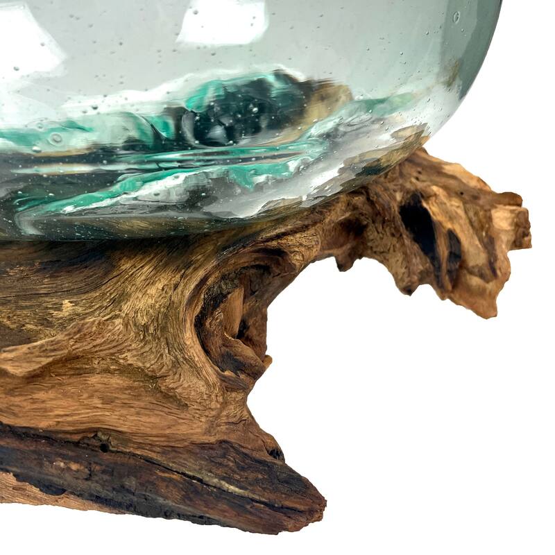 Molten Glass Bowl On Driftwood 10" Hand Blown Decorative Centerpiece