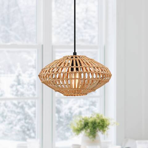 True Fine Eclectic Natural Rattan and Bamboo Island Mini Pendant Light with Black Hardware - 6.89"H