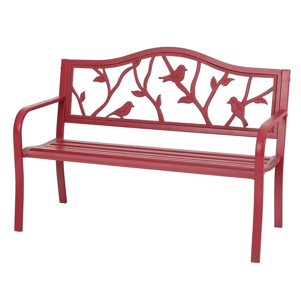 MAISON ARTS Patio Metal Park Bench Red, Steel Frame Bench with Backrest and Armrests