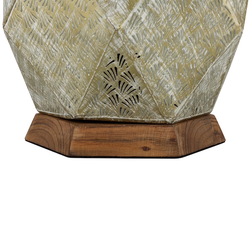 Laser-Cut Iron Table Lamp With Wooden Base - 16.75" - Gold and Brushed White - 16.75