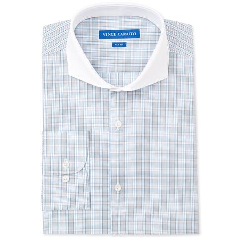 Vince Camuto Mens Check Button Up Dress Shirt, Blue, 15" Neck 32"-33" Sleeve