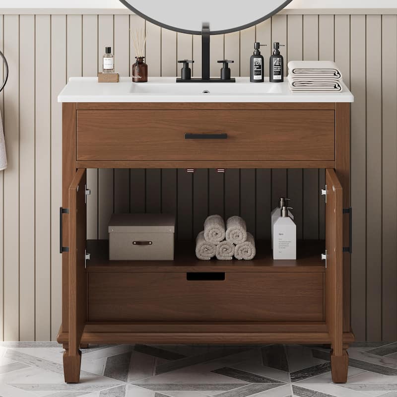 36" Rattan Bathroom Vanity with Ceramic Sink, Modern Bathroom Sink Cabinet with 2 Soft Close Doors and 3 Drawers