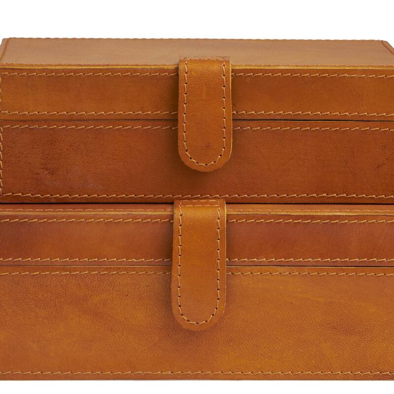 Leather Handmade Decorative Box with Hinged Lid - Set of 2 Gray, Brown, Dark Brown, Gold, Silver - Roche River Decor