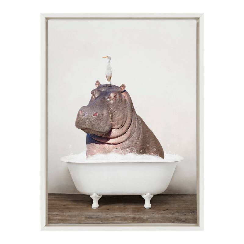 Kate and Laurel Hippo Bird Rustic Bath Framed Canvas by Amy Peterson