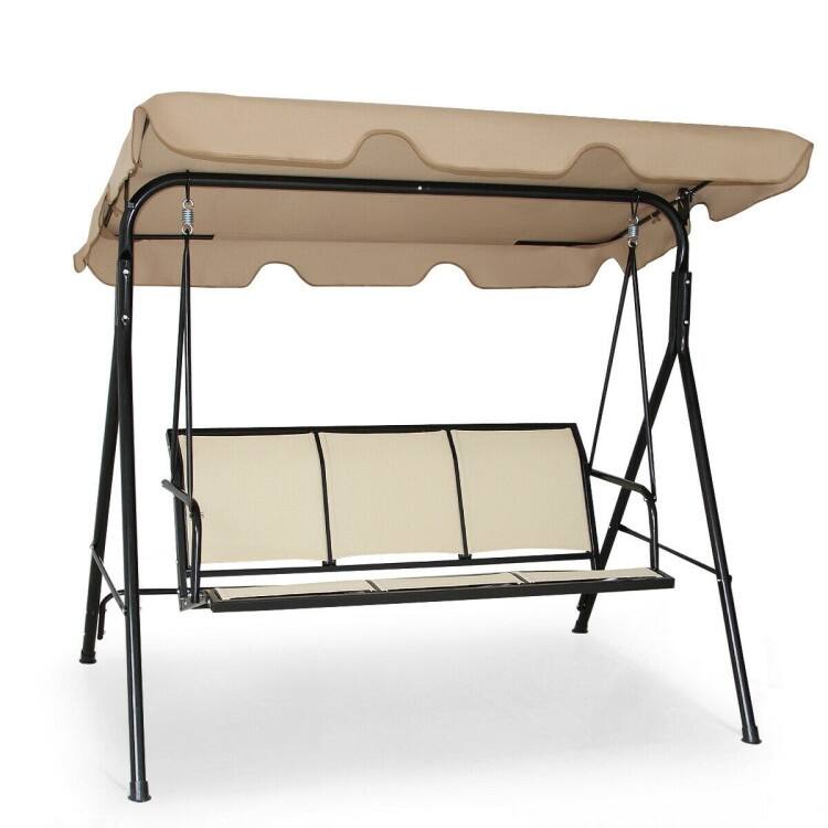 3 Person Steel Frame Patio Swing with Polyester Angle and Adjustable Canopy - Brown - 67" x 43.5" x 60.5" (L x W x H)