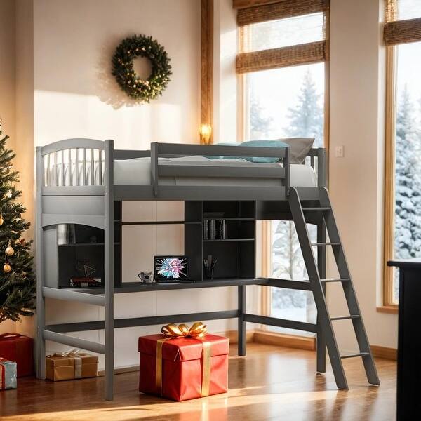 slide 2 of 10, Twin size Loft Bed with Storage Shelves, Desk and Ladder, Grey Grey
