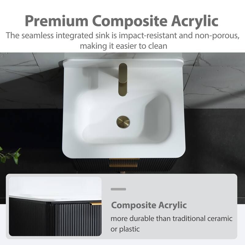 Modland Fluted Floating Vanity with Sink, Plywood Wall Mount Cabinet, Curved Edge, 24/30/36 Inch