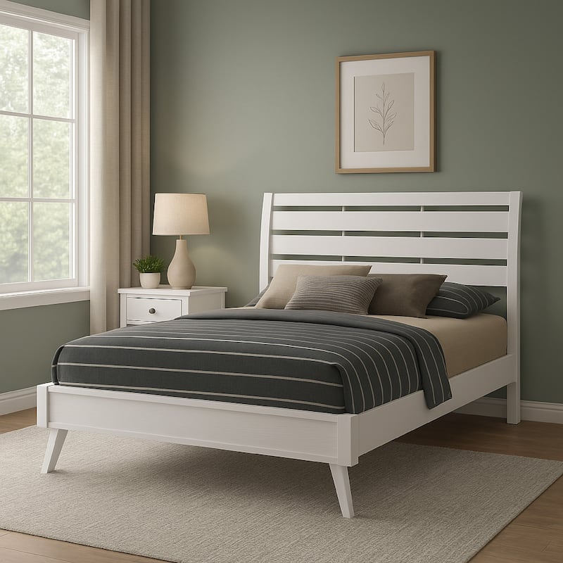 Siam Queen Size Bed, Classic White, Rubberwood, Slatted Panel Headboard