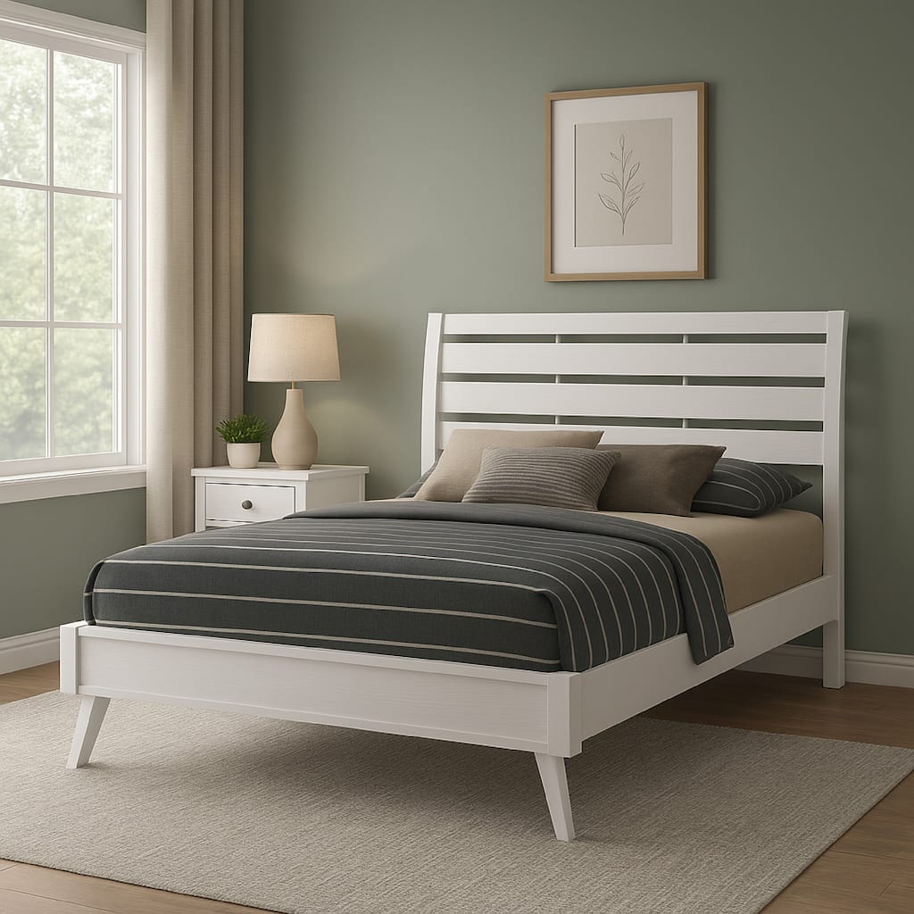 Siam Queen Size Bed, Classic White, Rubberwood, Slatted Panel Headboard