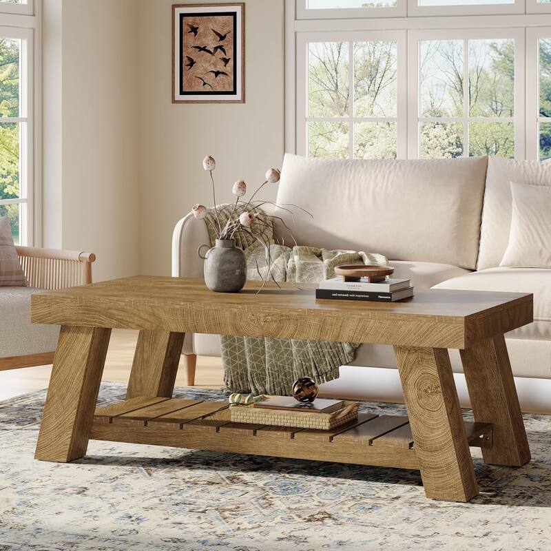 2-Tier Farmhouse Wood Rectangular Coffee Table, Rectangular Center Tables for Living Room, Apartment, Home