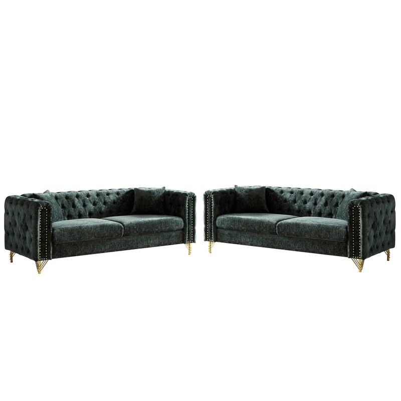 2-piece Chenille Buttons Tufted Chesterfield Nailheads Sofa Set