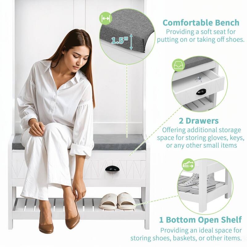 3-in-1 Design Hall Tree with 6 Hooks and Hinged Lid，Entryway Bench with Coat Hanger