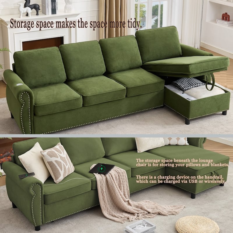 106.5" L-Shaped Flannelette Sectional Sofa with Pull-Out Bed