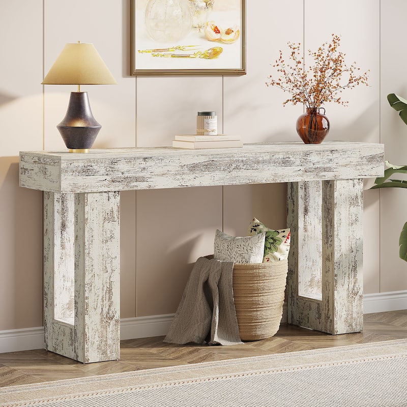 Farmhouse Console Table, 63-Inch Long Narrow Sofa Table Behind The Couch - Distressed White